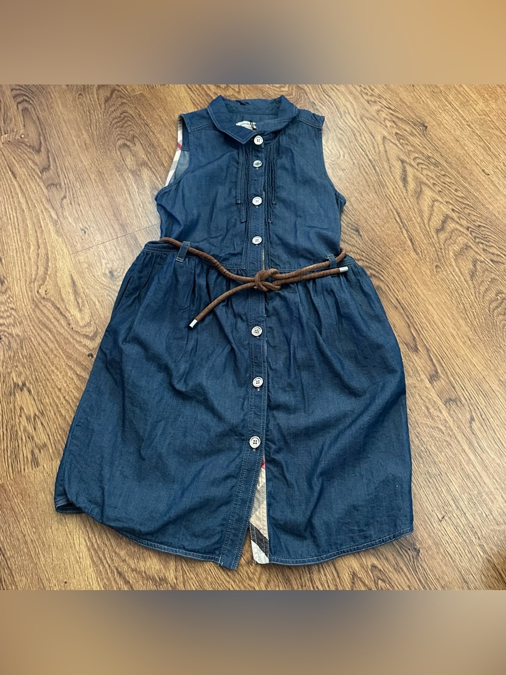 Burberry Navy Denim Button-Front Girls Dress with Brown Belt kid 10Y sleeveless